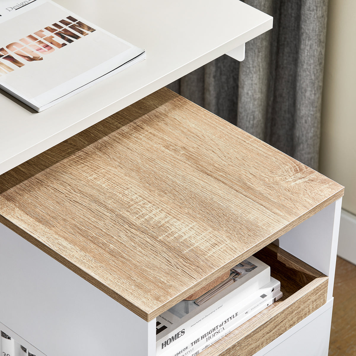 SoBuy ASK08-WN Caisson de Bureau Mobile – 1 Tiroir, 2 Compartiments, Plateau 40×50 cm – 40×50×65 cm, Blanc et Bois