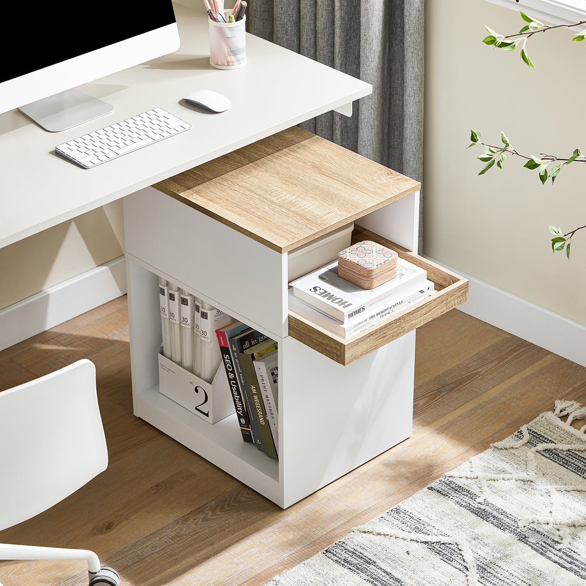 SoBuy ASK08-WN Caisson de Bureau Mobile – 1 Tiroir, 2 Compartiments, Plateau 40×50 cm – 40×50×65 cm, Blanc et Bois