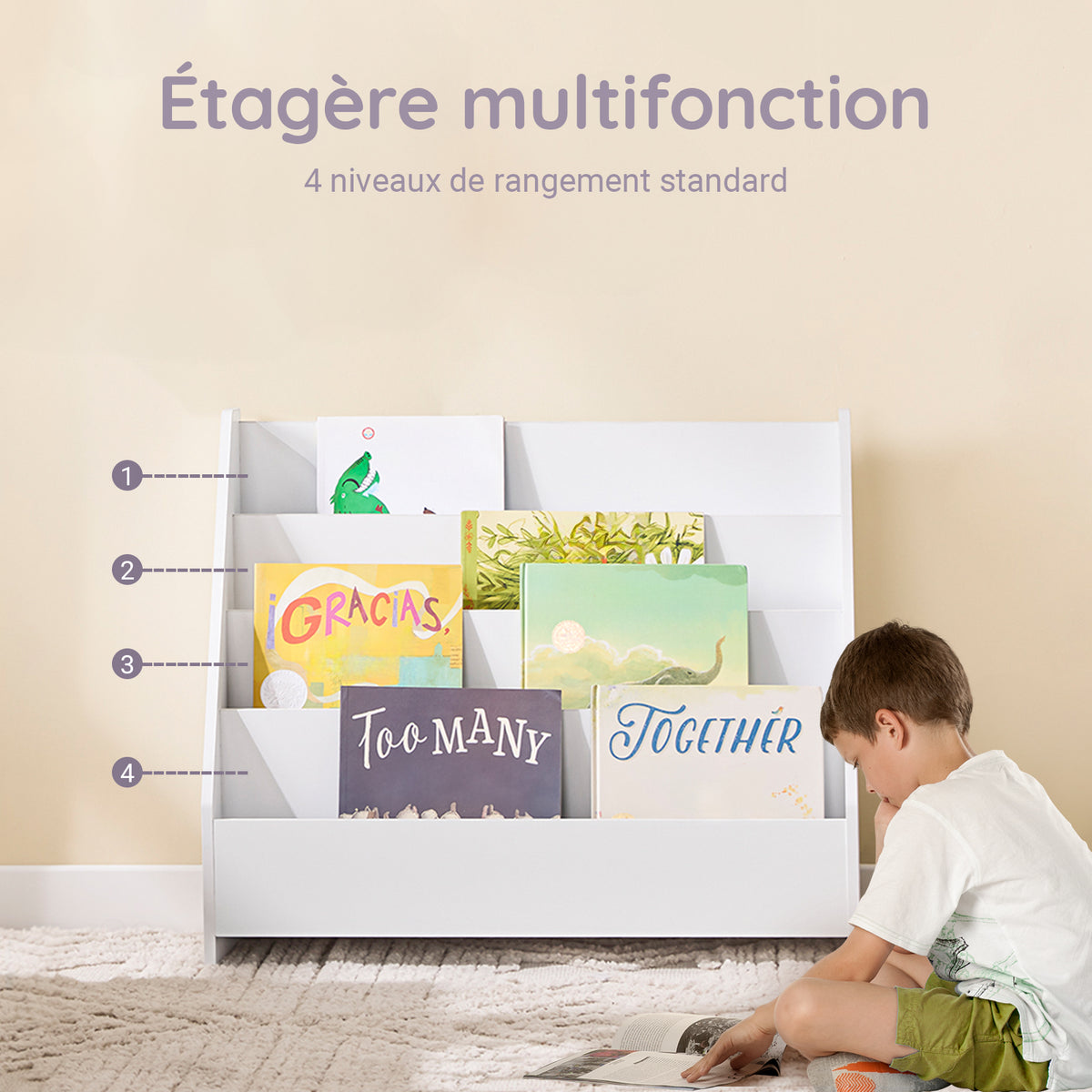 SoBuy KMB32-K-W Bibliothèque Enfant Montessori avec 4 Niveaux, Coins Arrondis et Dispositif Anti-Basculement – L70×P30×H60 cm, PB E1, Blanc