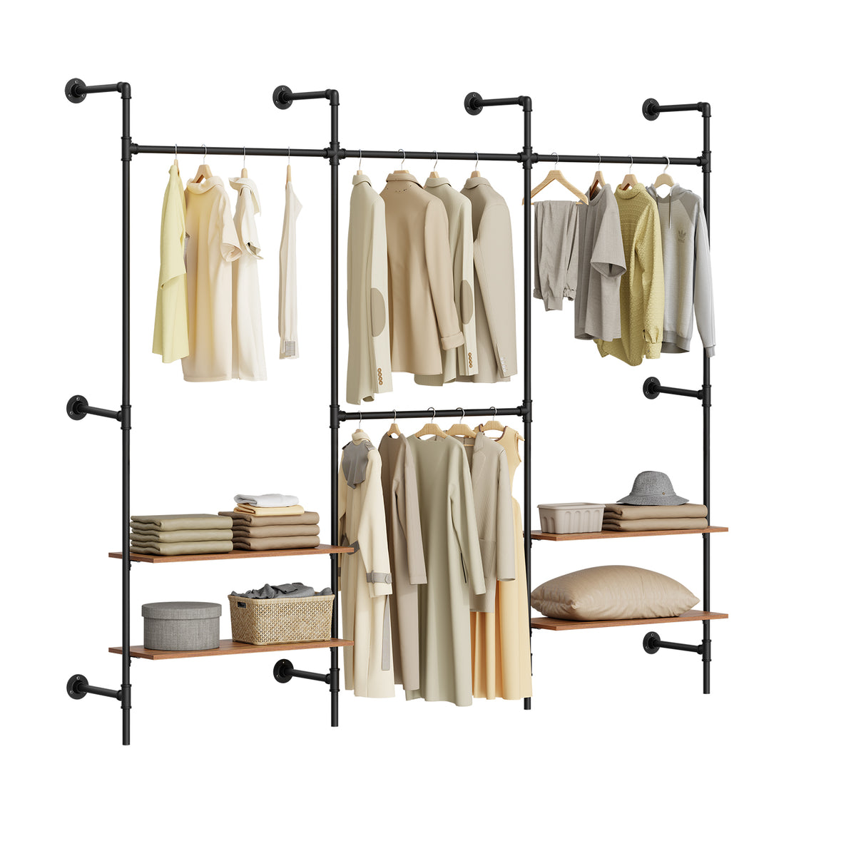 SoBuy KLS19-SCH Portant à Vêtements Mural 265cm, 4 Tringles et 4 Étagères MDF, Charge 120 kg, Fixation Murale et Sol – 265x48