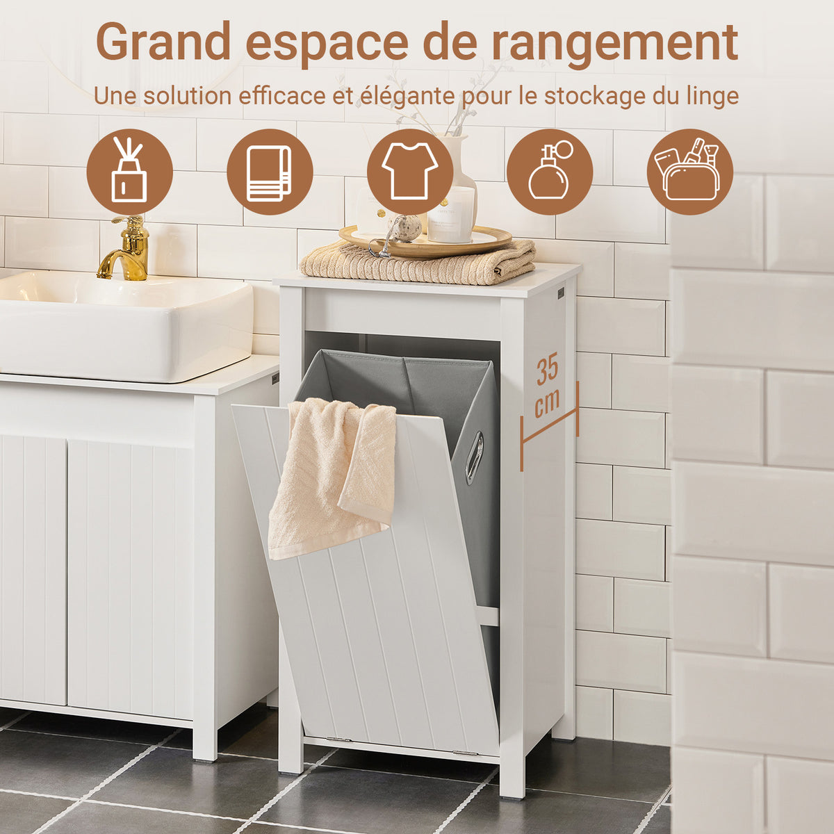 SoBuy BZR100-W Armoire à Linge avec Panier Rabattable et Sac Amovible à Poignées – L45×P35×H85,5 cm, Charge 15 kg, MDF E1, Blanc