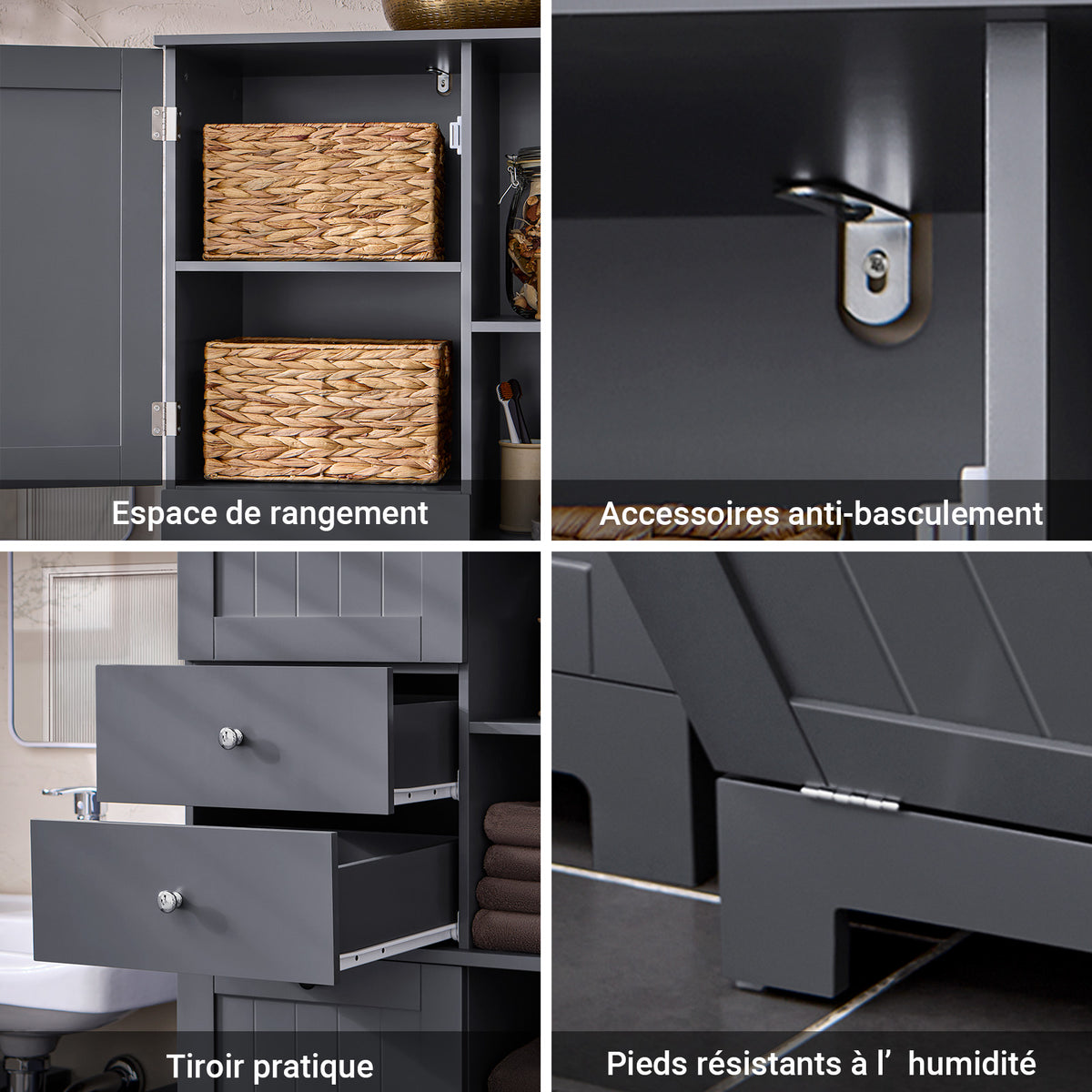 SoBuy BZR104-DG Colonne Salle de Bain Grise 171cm, Panier à Linge Amovible, 6 Étagères, 2 Tiroirs, Anti-Basculement, Charge 70 kg – 60x37x171 cm