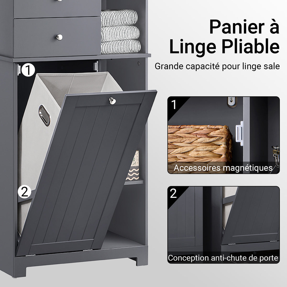 SoBuy BZR104-DG Colonne Salle de Bain Grise 171cm, Panier à Linge Amovible, 6 Étagères, 2 Tiroirs, Anti-Basculement, Charge 70 kg – 60x37x171 cm