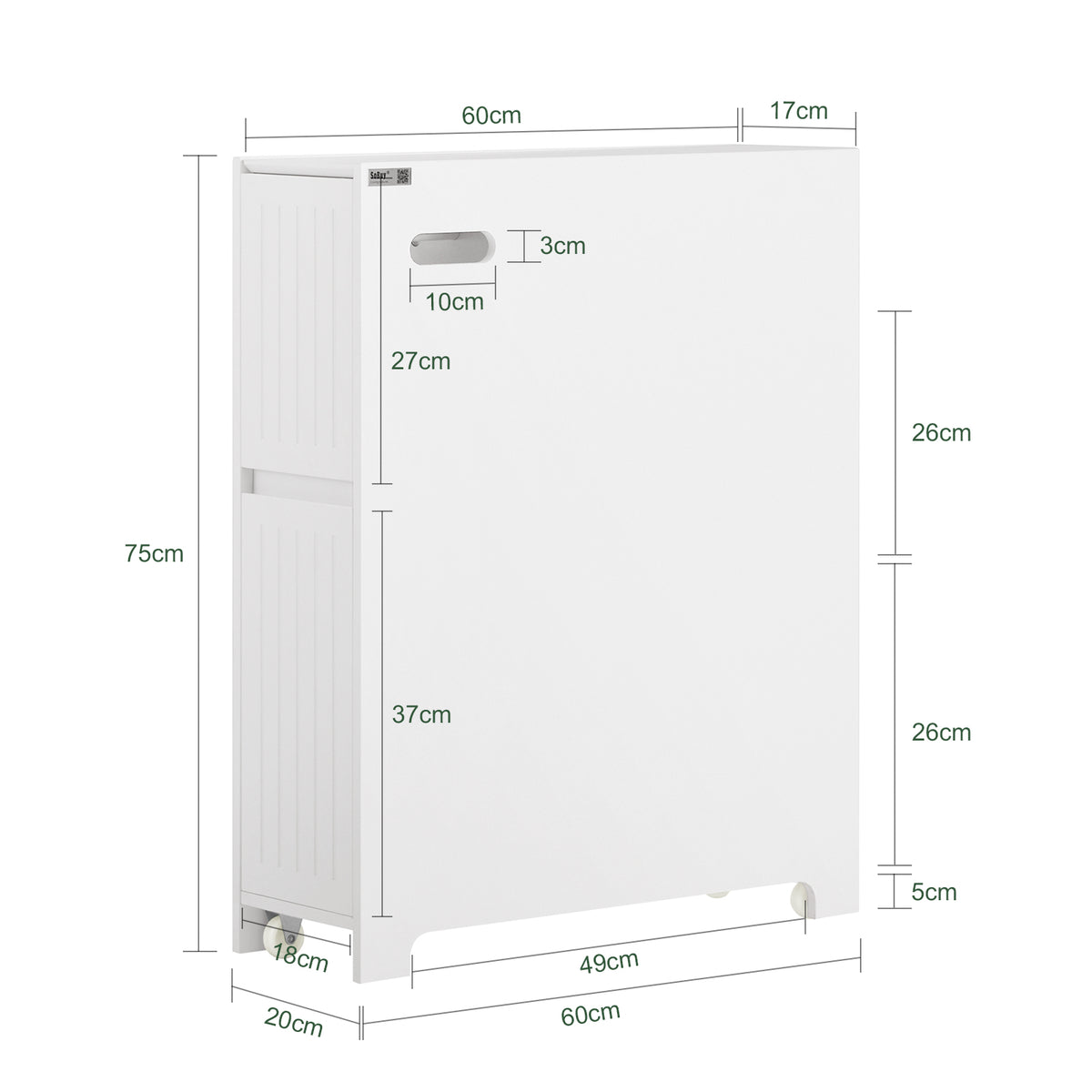 SoBuy BZR111-W Meuble WC Étroit 20 cm sur Roulettes – Rangement Papier Toilette, 2 Tiroirs, Blanc
