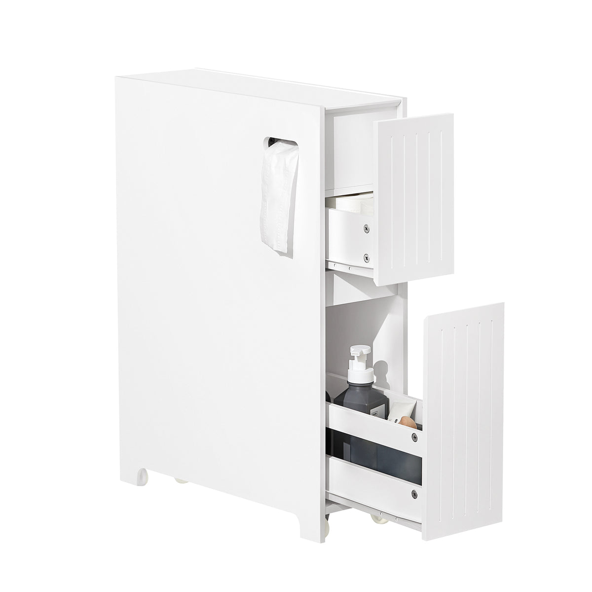 SoBuy BZR111-W Meuble WC Étroit 20 cm sur Roulettes – Rangement Papier Toilette, 2 Tiroirs, Blanc