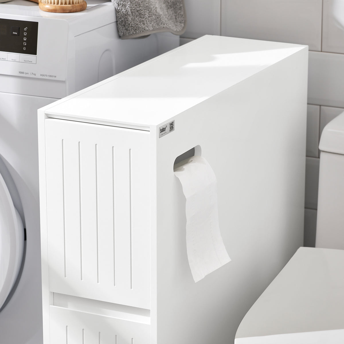 SoBuy BZR111-W Meuble WC Étroit 20 cm sur Roulettes – Rangement Papier Toilette, 2 Tiroirs, Blanc