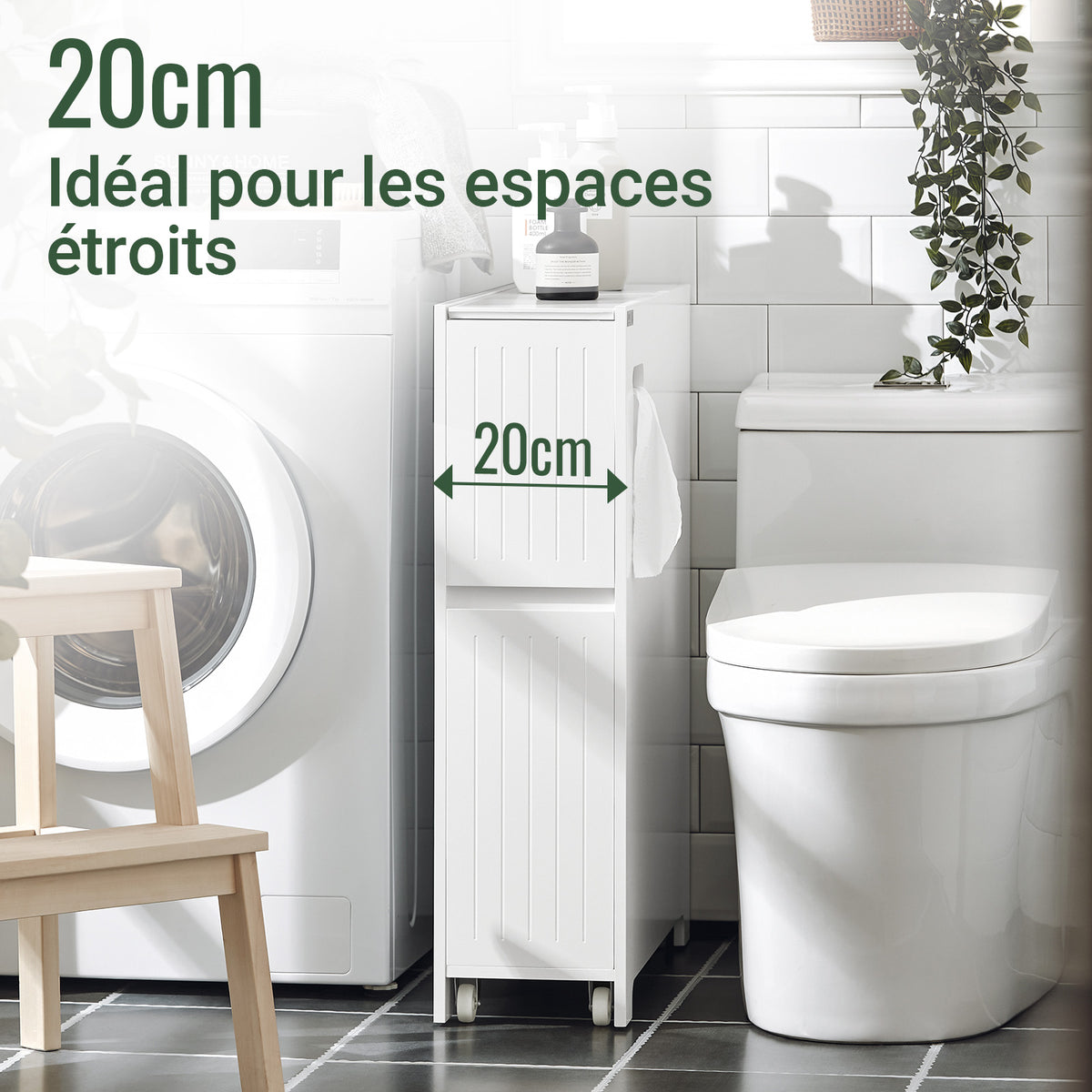 SoBuy BZR111-W Meuble WC Étroit 20 cm sur Roulettes – Rangement Papier Toilette, 2 Tiroirs, Blanc