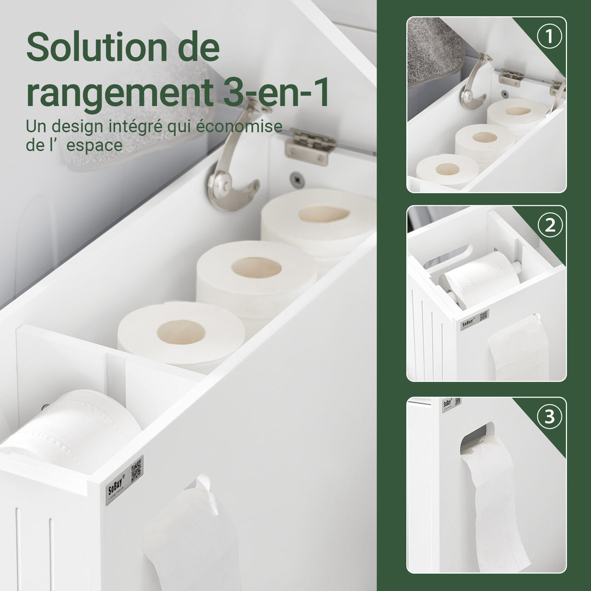 SoBuy BZR111-W Meuble WC Étroit 20 cm sur Roulettes – Rangement Papier Toilette, 2 Tiroirs, Blanc