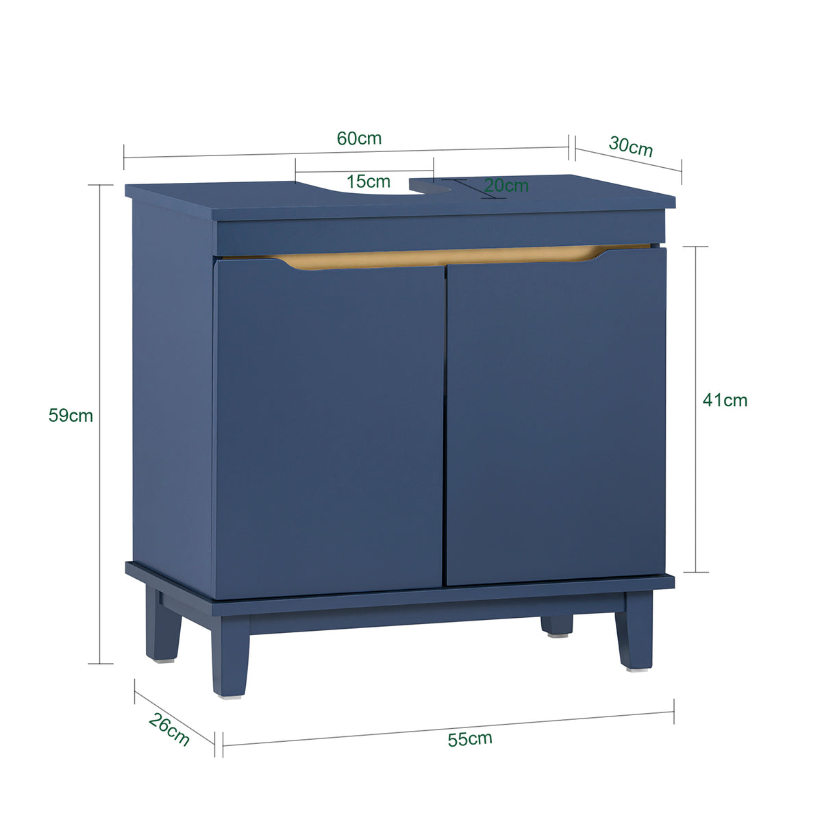 SoBuy BZR113-B Meuble sous Lavabo – 60 × 30 × 59 cm, 2 Portes, Pieds en Pin, Bleu Foncé