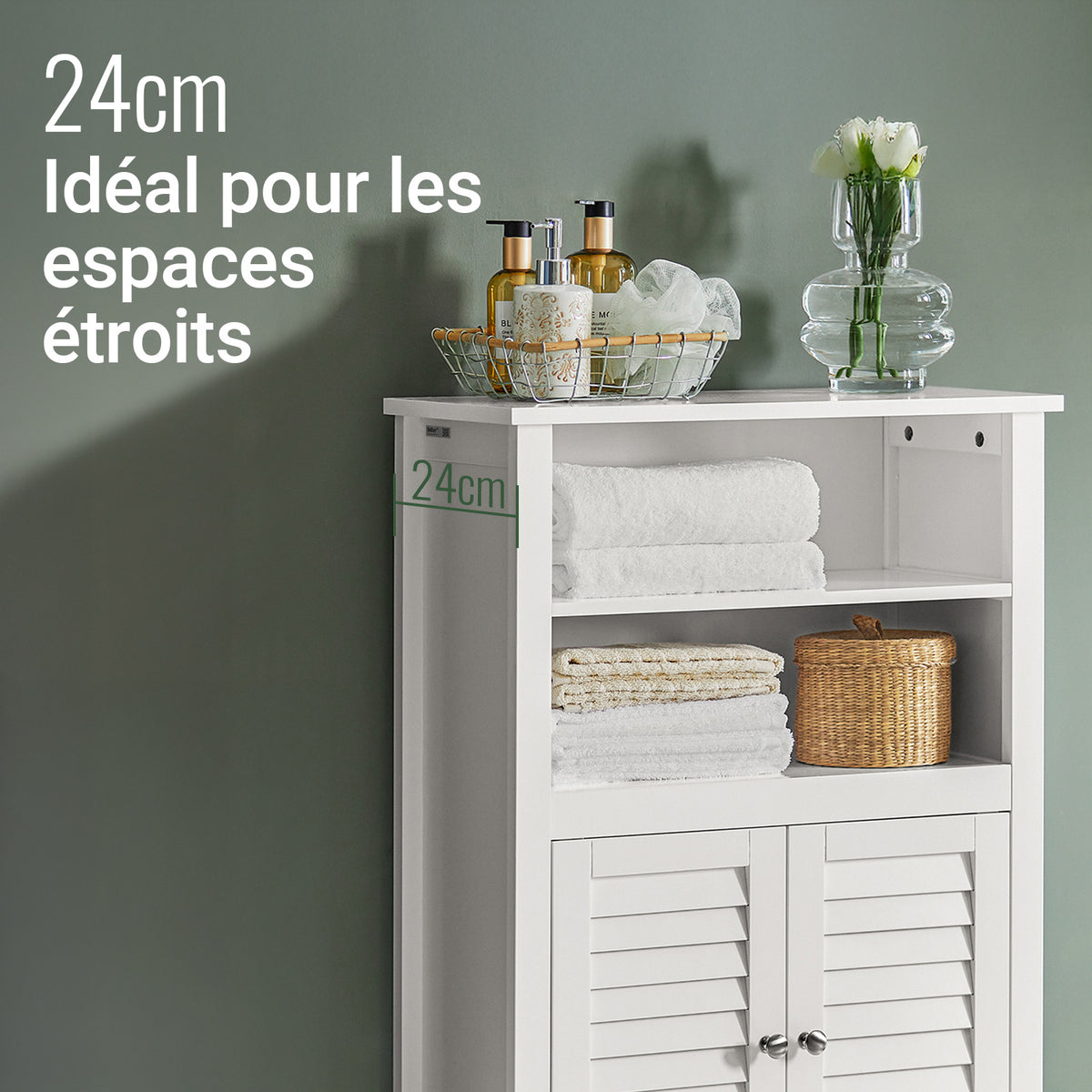 SoBuy BZR13-W Armoire de Salle de Bain – 26 cm de Profondeur, Étagères Ouvertes et Compartiment Fermé, Blanc