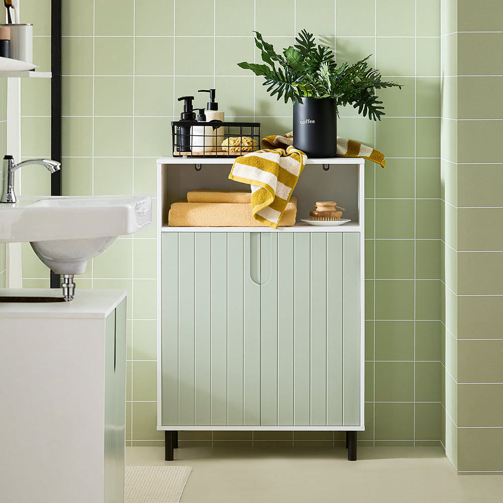 SoBuy BZR138-GR Meuble Bas de Salle de Bain – 60 × 30 × 87 cm, 2 Portes et Niche Ouverte, Vert et Blanc
