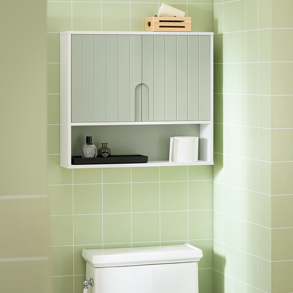 SoBuy BZR140-GR Armoire Murale de Salle de Bain – 60 × 15 × 54 cm, 2 Portes et Niche Ouverte, Vert et Blanc
