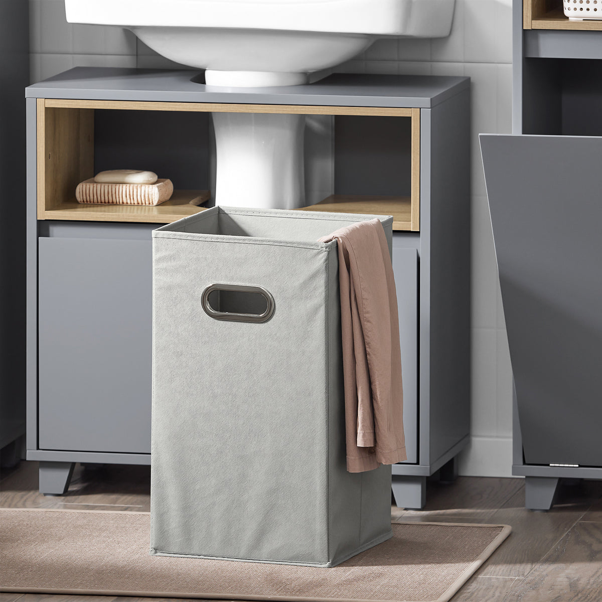 SoBuy BZR146-DG Meuble Bas de Salle de Bain, Meuble Demi-Colonne sur Pied, Placard WC Étroit avec 1 Panier à Linge