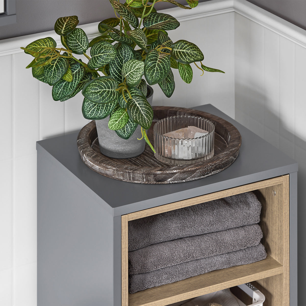 SoBuy BZR146-DG Meuble Bas de Salle de Bain, Meuble Demi-Colonne sur Pied, Placard WC Étroit avec 1 Panier à Linge