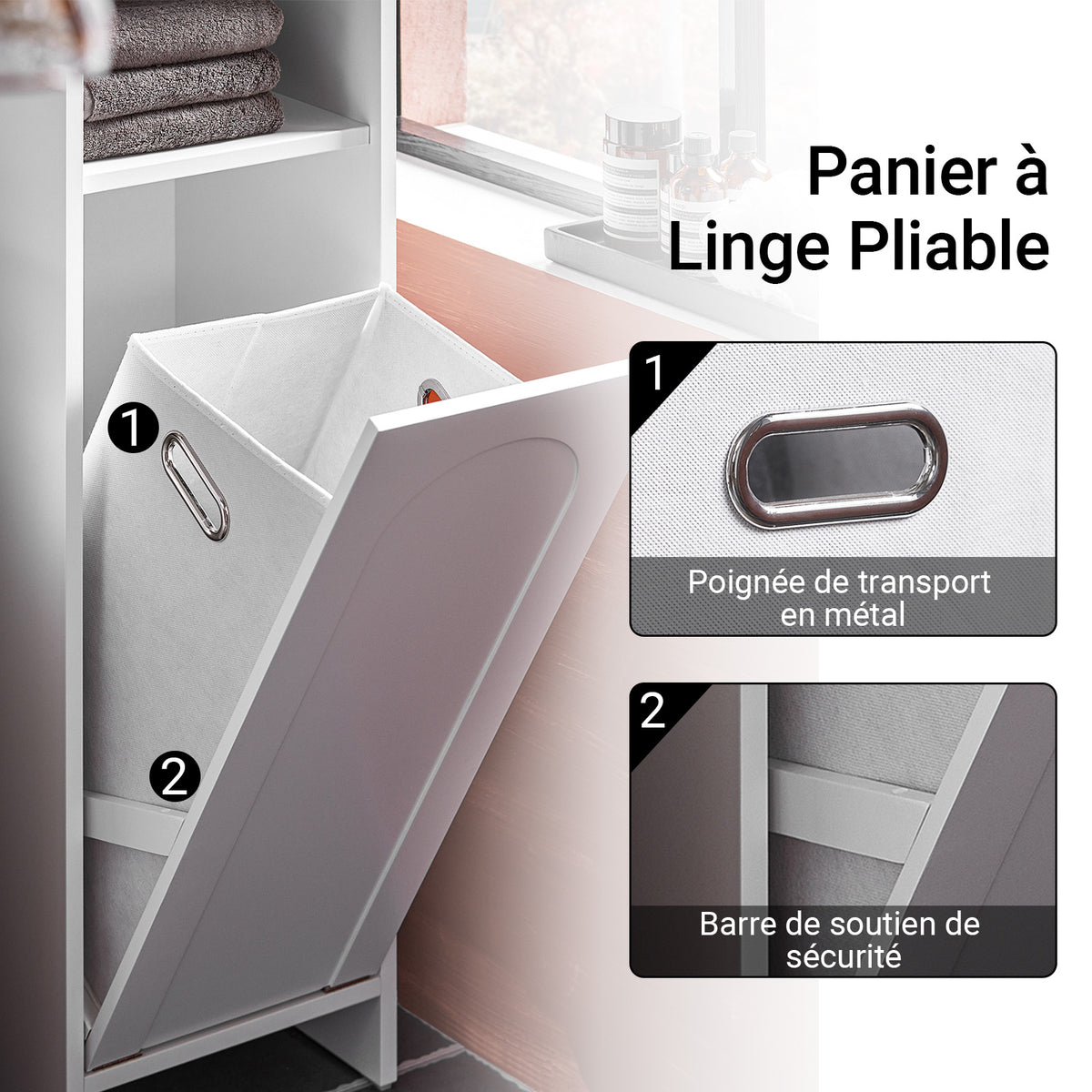 SoBuy BZR161-W Meuble Salle de Bain avec Panier à Linge, Sac Amovible, Format Compact, pour Salle de Bain et WC, Rangement Optimisé – L30×P30×H97 cm, Blanc