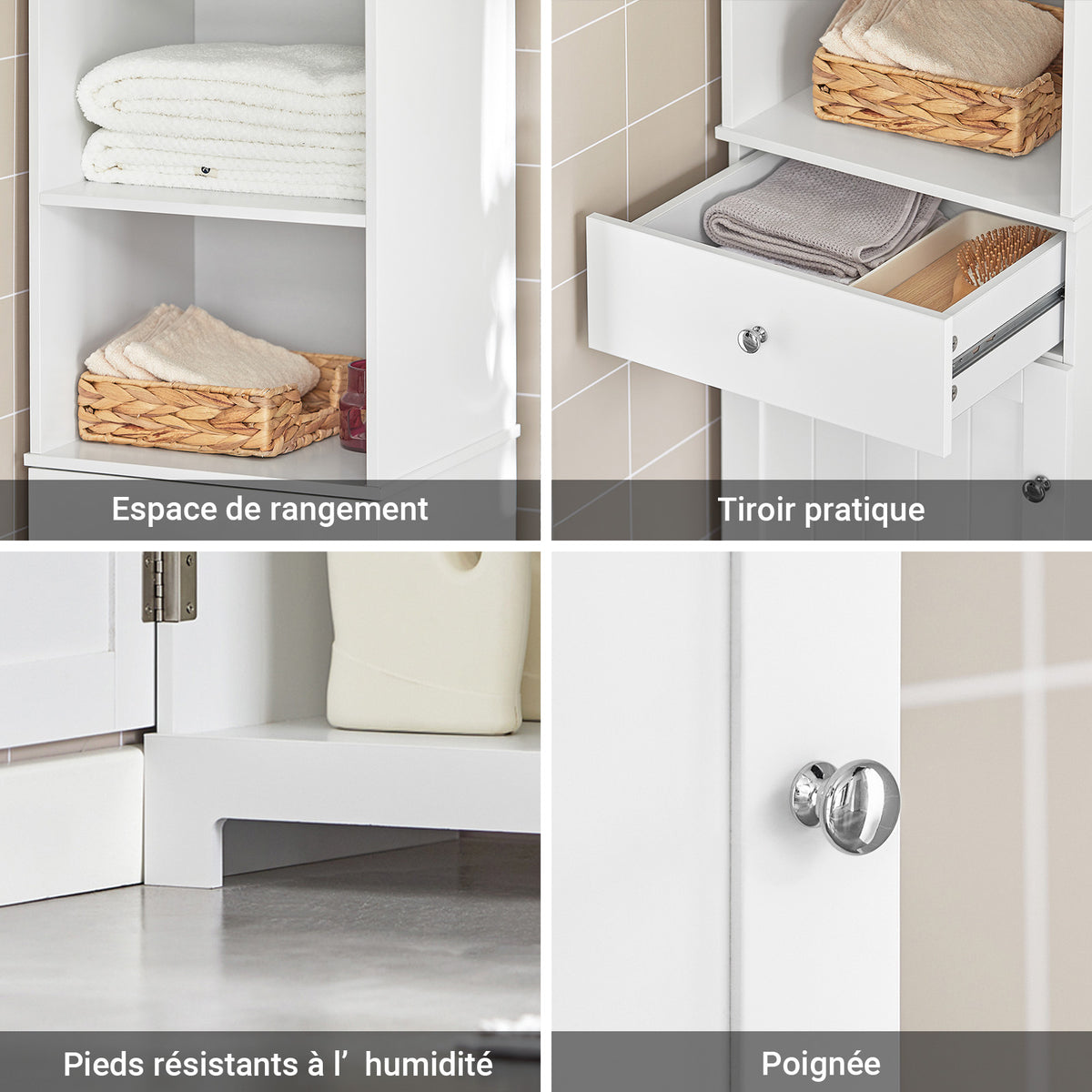 SoBuy BZR17-W Colonne Salle de Bain Meuble Salle de Bain Rangement avec Armoire et 3 Étagères Ouvertes, Petit Meuble Compact avec 1 Tiroir pour WC, Chambre 40x161x35 cm