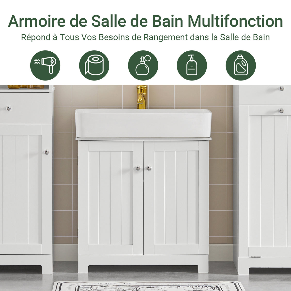SoBuy BZR18-W Meuble sous Lavabo avec Étagère Réglable, Format Compact, pour Salle de Bain et WC, Rangement Optimisé, Pratique – L60×P29×H60 cm, MDF, Blanc