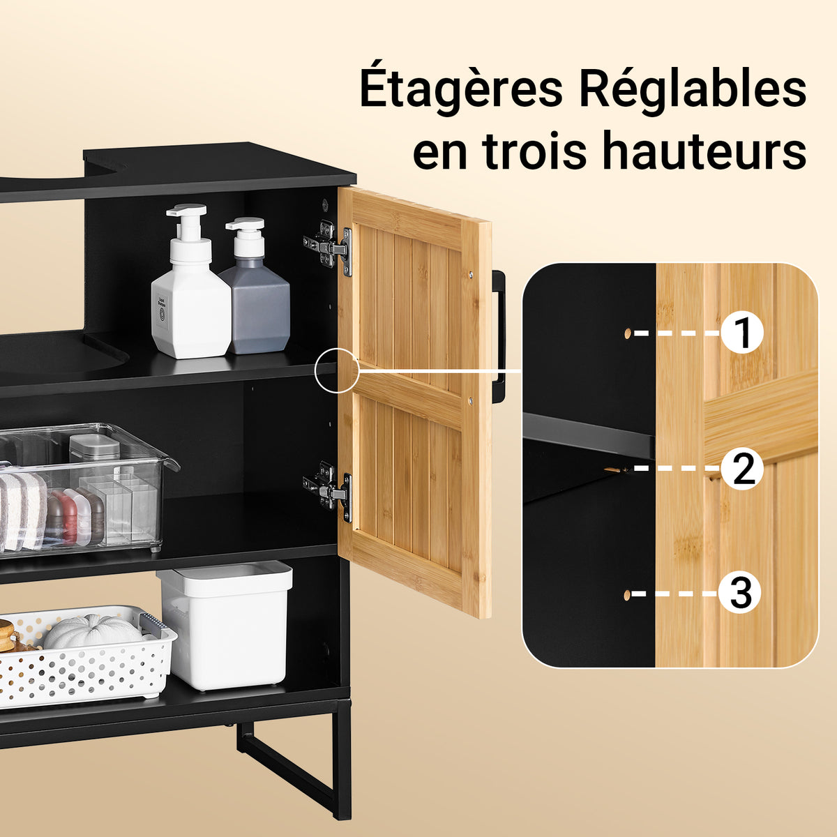 SoBuy BZR202-SCH Meuble sous Lavabo avec Découpe Siphon, Étagère Réglable et Portes en Bambou – L60×P30×H70 cm, MDF E1, Pieds Métal, Noir