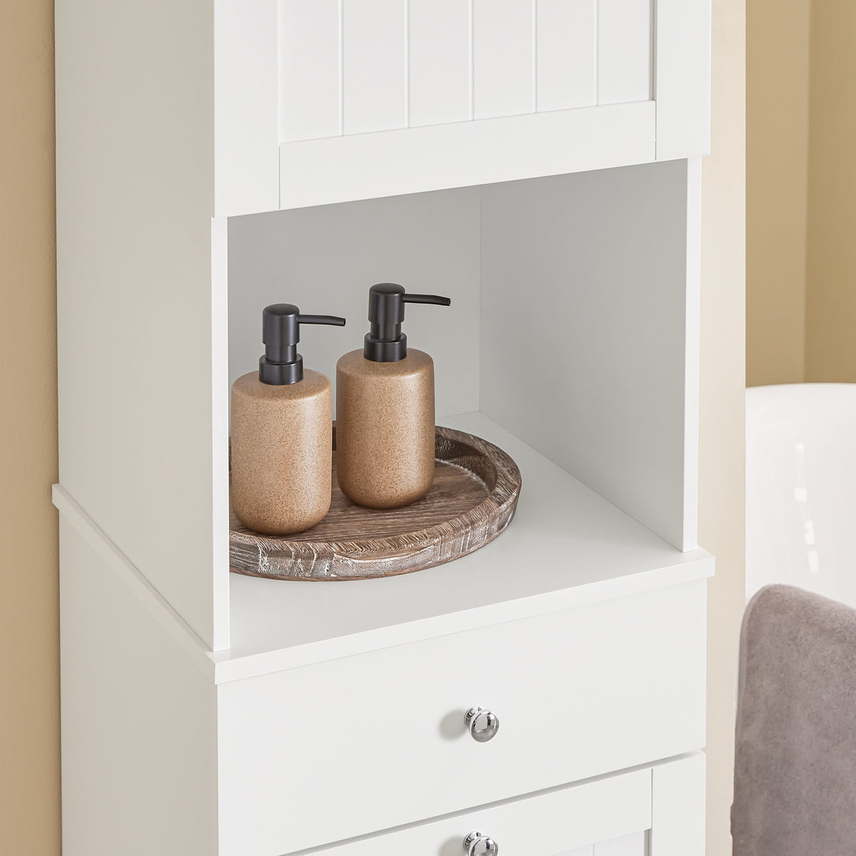 SoBuy BZR216-W Colonne de Salle de Bain 40 × 38 × 180 cm, Panier à Linge 45 L, Tiroir et Porte Réversible – Blanc