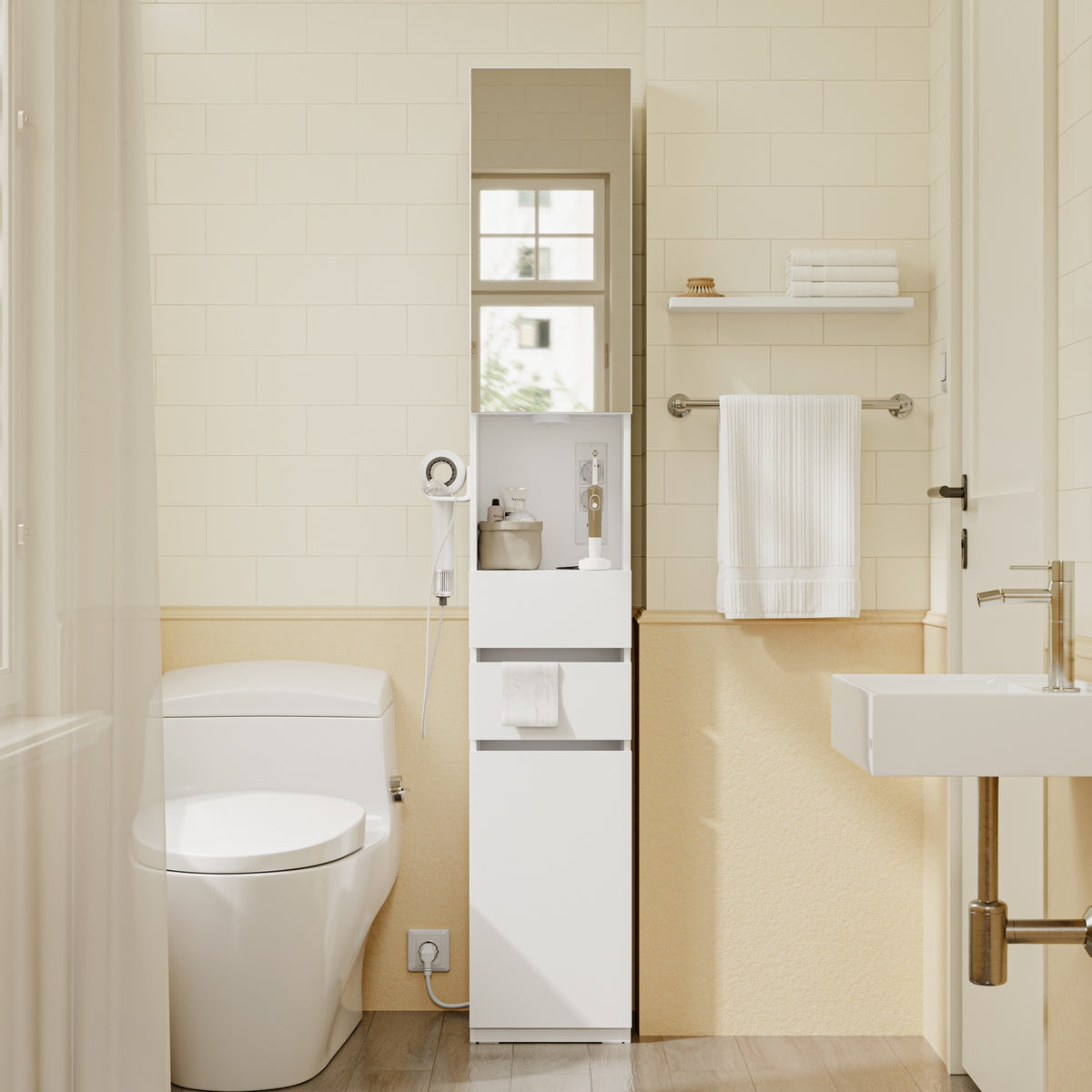 SoBuy BZR240-E-W Colonne de Salle de Bain Étroite avec Miroir et Éclairage – Prise Intégrée et Port USB-A, 2 Tiroirs – 30×30×180,5 cm, Blanc