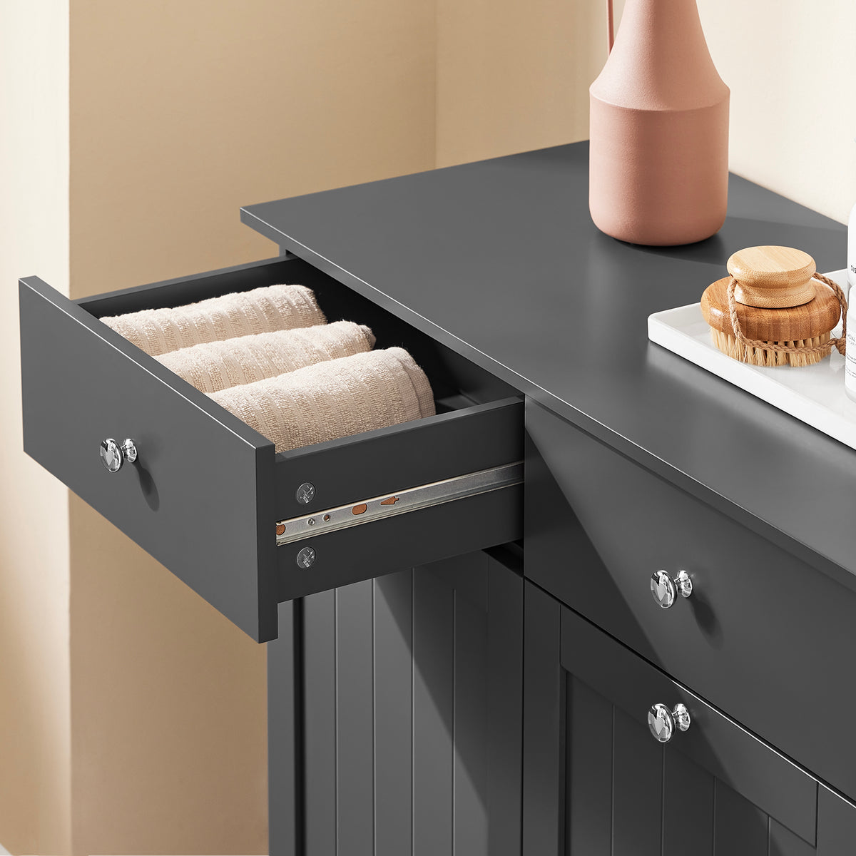 SoBuy BZR33-II-DG Meuble Salle de Bain avec Panier à Linge, 2 Tiroirs, Grande Capacité, pour Salle de Bain et WC, Rangement Optimisé – L78×P38×H90 cm, Gris