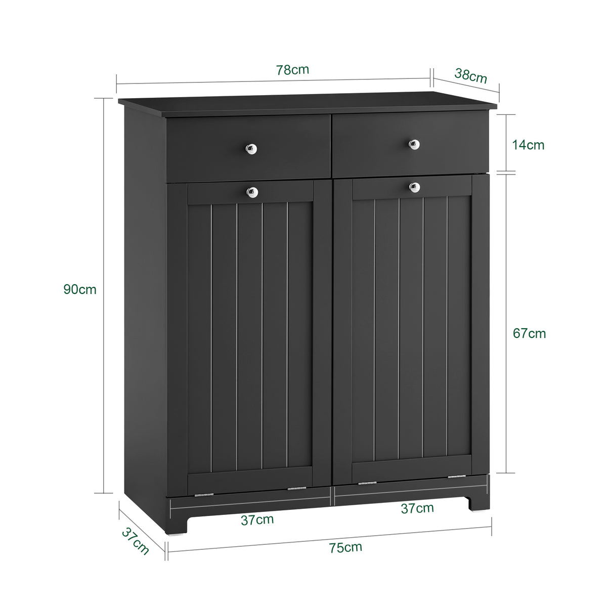 SoBuy BZR33-II-SCH Meuble Salle de Bain avec 2 Sacs à Linge 45 L et 2 Tiroirs – L78×P38×H91 cm, Charge 70 kg, MDF E1, Noir