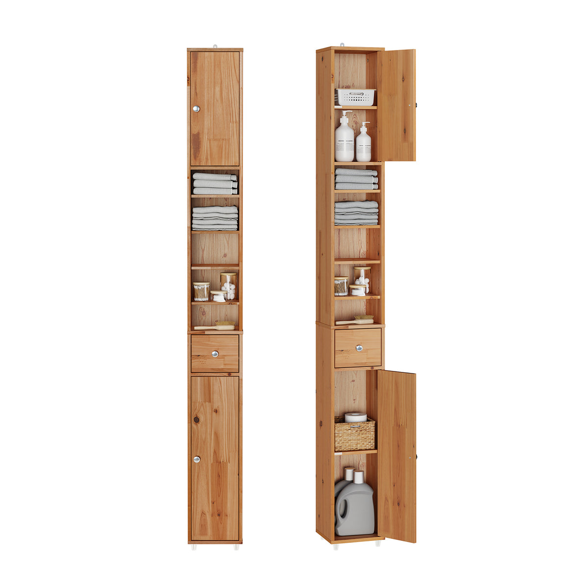 SoBuy BZR34-II-SH Colonne Salle de Bain Ultra-Étroite en Pin Massif, 4 Étagères Réglables et Tiroir, Anti-Basculement – Charg