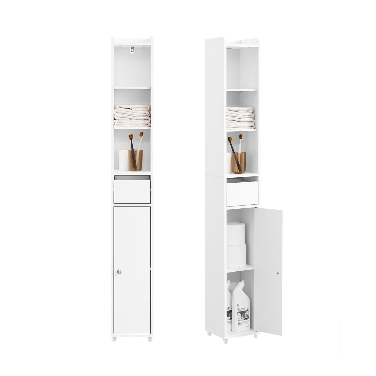 SoBuy BZR34-K-W Colonne Salle de Bain Ultra-Étroite 20×20×145 cm – 7 Niveaux, Porte et Tiroir, Blanc