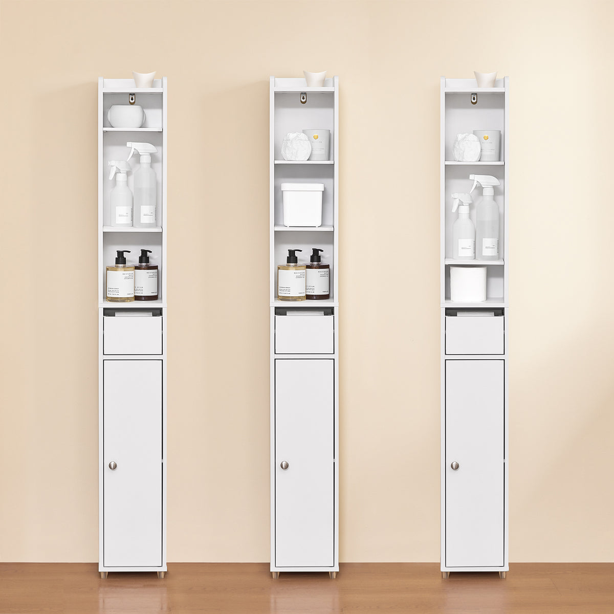 SoBuy BZR34-K-W Colonne Salle de Bain Ultra-Étroite 20×20×145 cm – 7 Niveaux, Porte et Tiroir, Blanc