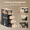 Espace de rangement multifonction : tiroirs pour organiser articles de toilette, papier et produits de nettoyage, avec un compartiment ouvert pour un accès facile.