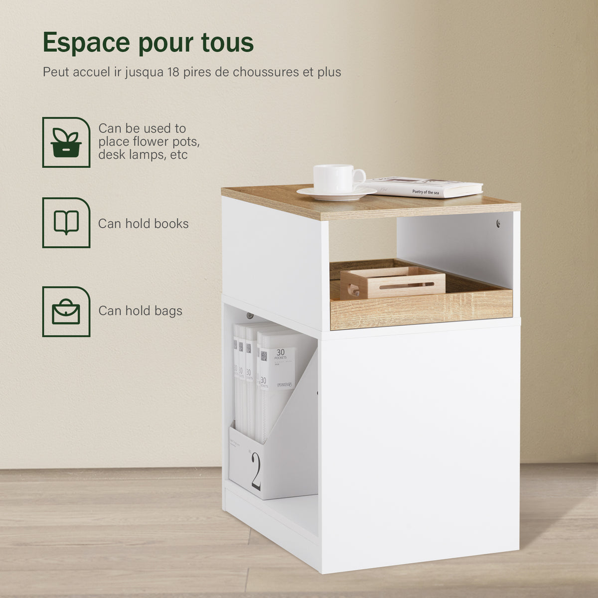 SoBuy ASK08-WN Caisson de Bureau Mobile – 1 Tiroir, 2 Compartiments, Plateau 40×50 cm – 40×50×65 cm, Blanc et Bois