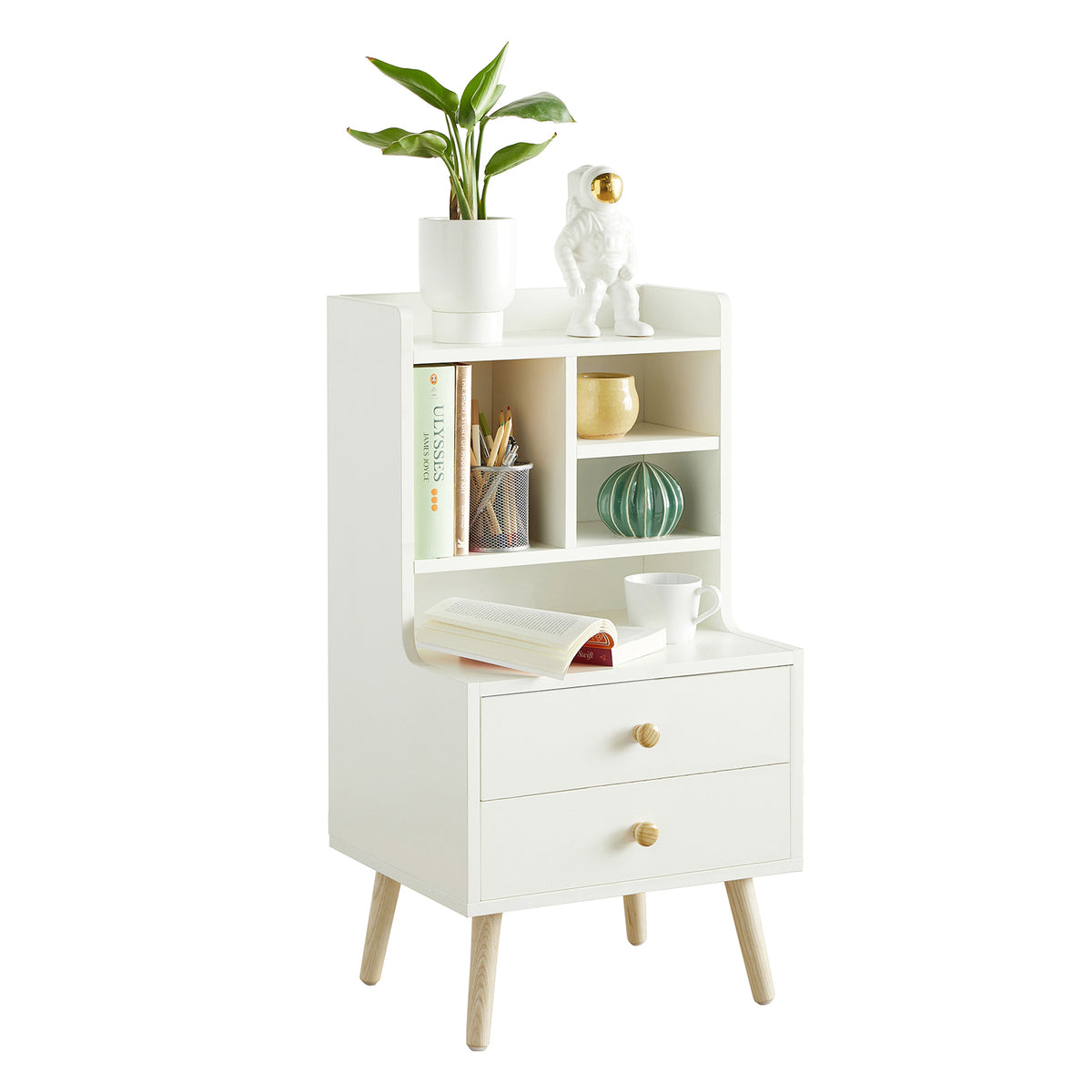 SoBuy FBT100-W Table de Chevet Moderne avec 2 Tiroirs et 5 Niches – 43×36×81 cm, Pieds en Pin, Blanc