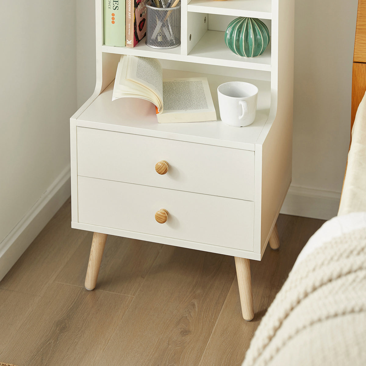 SoBuy FBT100-W Table de Chevet Moderne avec 2 Tiroirs et 5 Niches – 43×36×81 cm, Pieds en Pin, Blanc