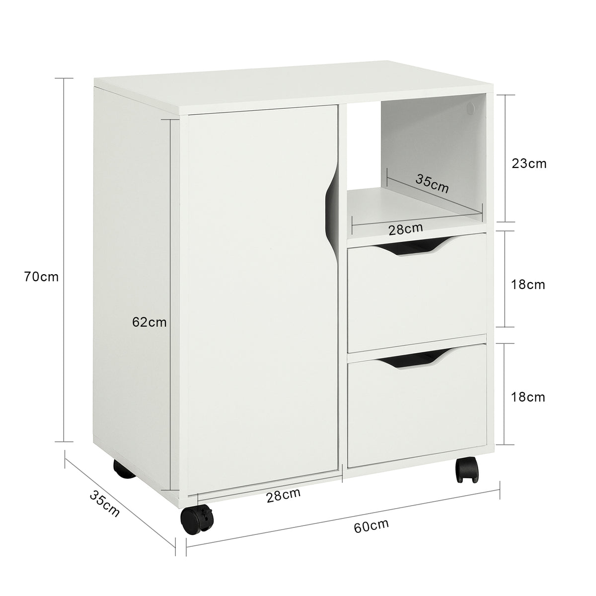 SoBuy FBT105-W Caisson d’Imprimante Mobile avec Roulettes, 2 Tiroirs et 1 Compartiment Ouvert, Rangement Optimisé, Design Fonctionnel – L60×P35×H70 cm, Blanc
