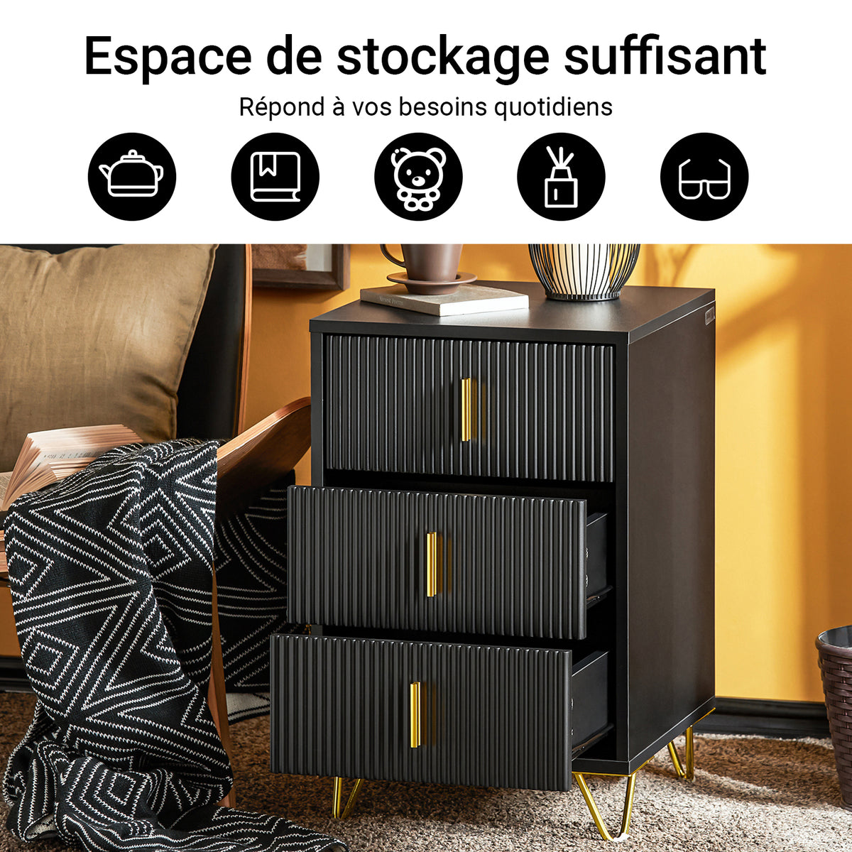 SoBuy FBT115-L-SCH Table de Chevet avec 3 Tiroirs Table de Nuit Bout de Canapé Table d'appoint