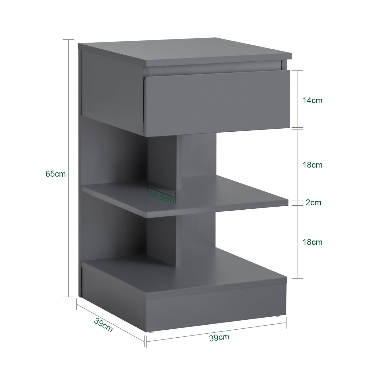 SoBuy FBT49-HG Table de Chevet - Table de Nuit avec 1 tiroir et 2 étagères, Table d'appoint pour Chambre à Coucher - Meuble de Rangement Moderne L39 x P39 x H65 cm Gris