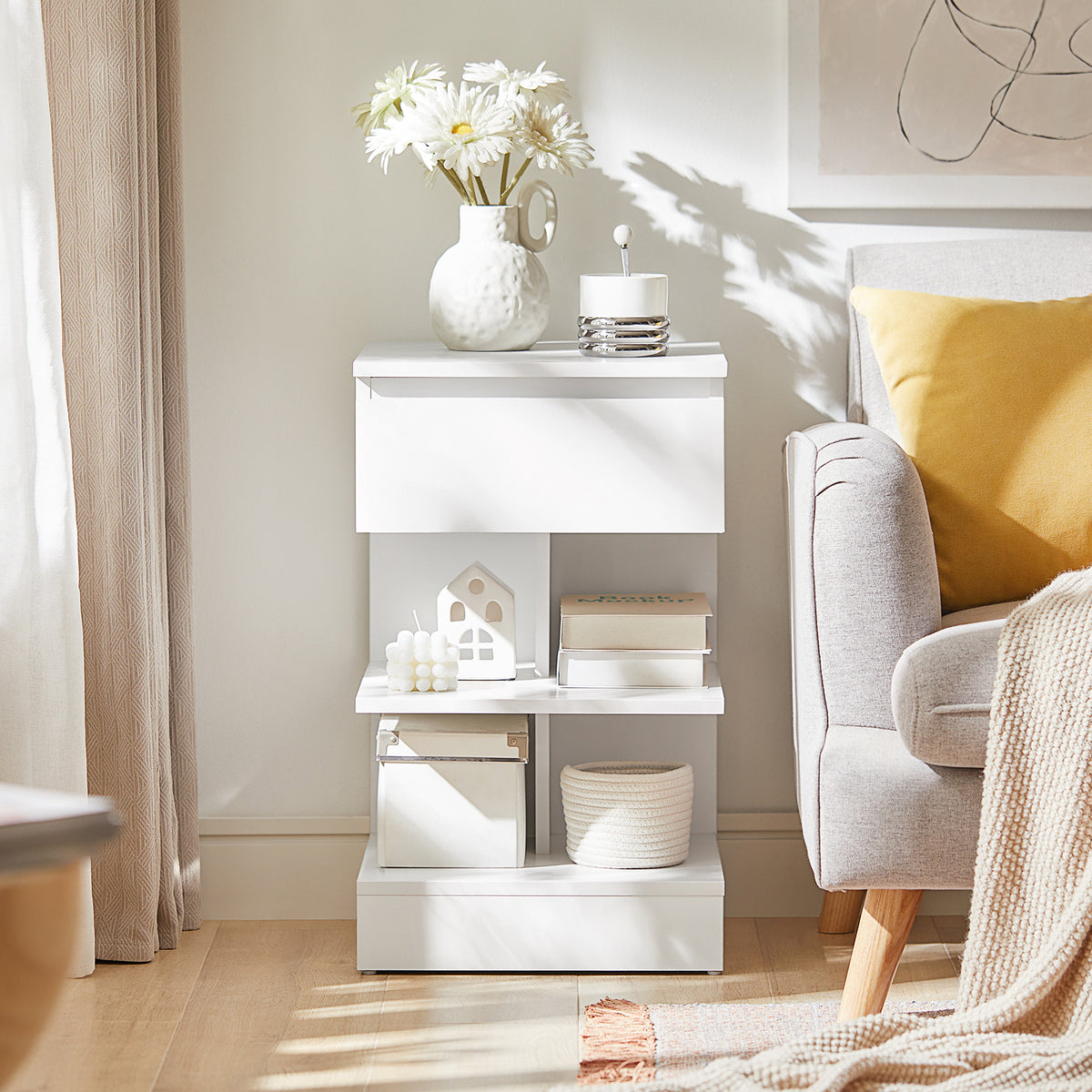 SoBuy FBT49-Wx2 Lot de 2 Table de Chevet - Table de Nuit avec 1 tiroir et 2 étagères, Table d'appoint pour Chambre à Coucher - Meuble de Rangement Moderne L39 x P39 x H65 cm Blanc