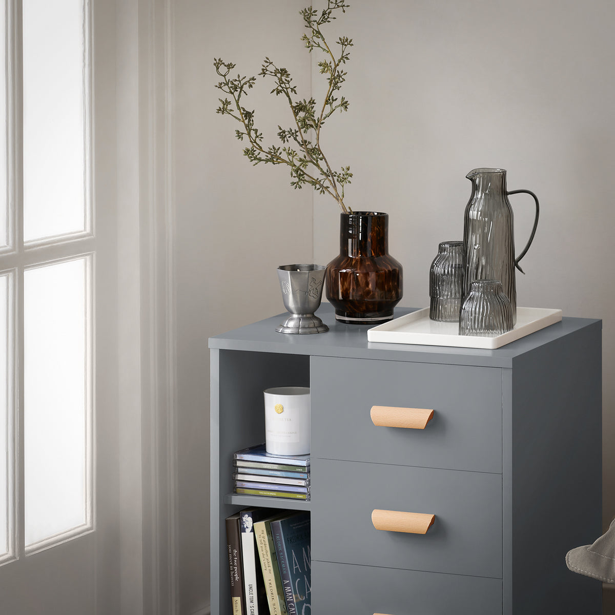 SoBuy FBT95-HG Table d’Appoint Bout de Canapé Table de Chevet Table de Nuit avec 3 tiroirs et 2 étagères de rangement