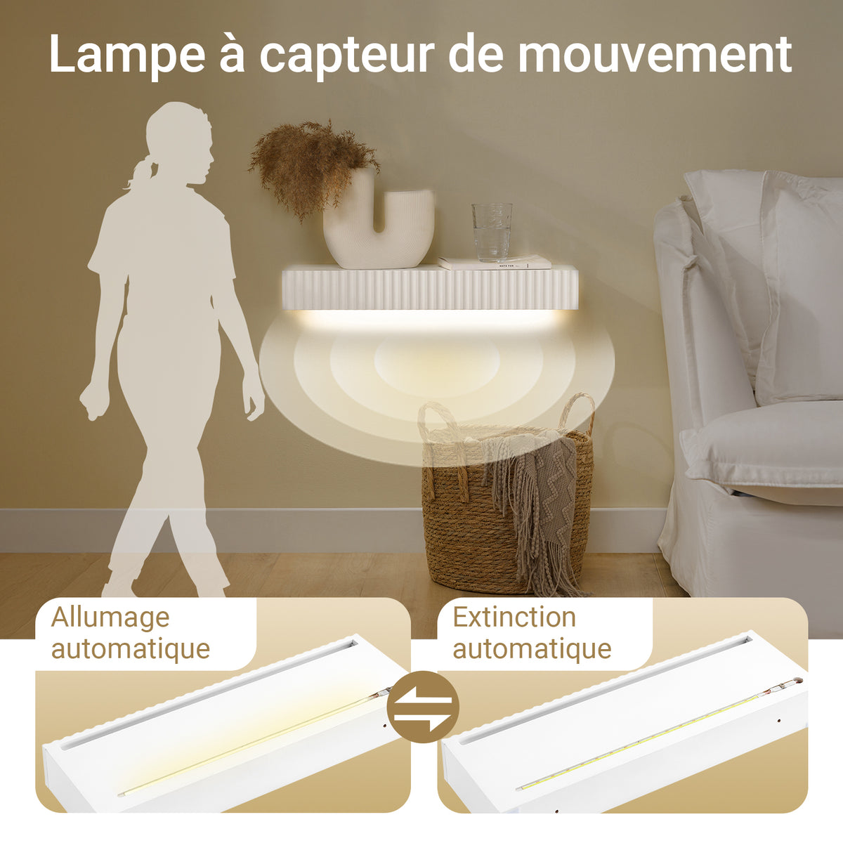 SoBuy FHK38-W Étagère Murale Flottante avec Tiroir et LED – L60 × P20 × H8 cm, Blanc