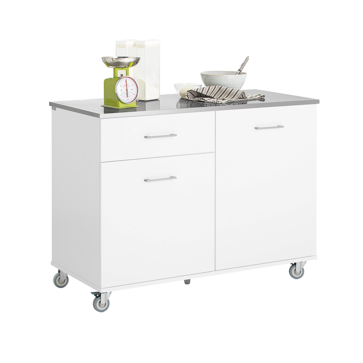 SoBuy FKW117-W Desserte à roulettes Îlot Central avec Plan de Travail INOX et 1 Tiroir, Chariot Mobile pour Cuisine ou Salle