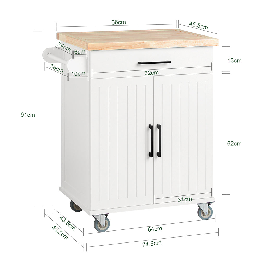 SoBuy FKW119-WN Desserte Cuisine avec Roulettes, Mobile, pour Cuisine et Salle à Manger, Rangement Optimisé – L74×P46×H91 cm, Bois d’Hévéa, Blanc et Naturel
