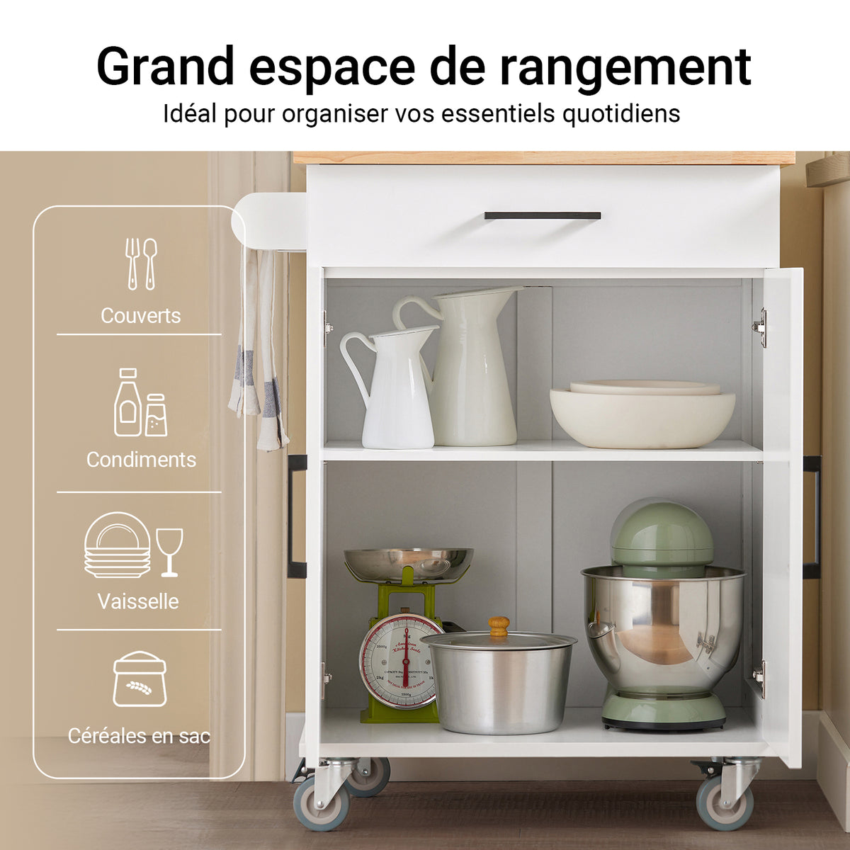 SoBuy FKW119-WN Desserte Cuisine avec Roulettes, Mobile, pour Cuisine et Salle à Manger, Rangement Optimisé – L74×P46×H91 cm, Bois d’Hévéa, Blanc et Naturel