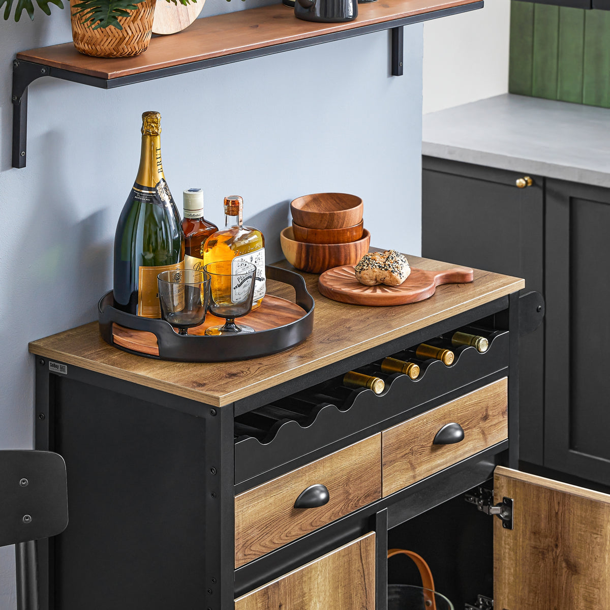 SoBuy FKW122-SCH Desserte de Cuisine à roulettes Chariot de Cuisine, 1 Porte-Bouteilles, 2 Tiroirs et 2 Portes