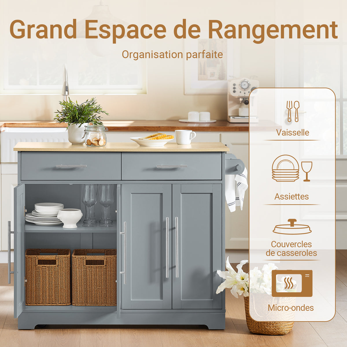 SoBuy FKW129-HG Desserte Cuisine avec Roues Cachées, 2 Tiroirs, Étagères Réglables et Porte-serviette – L115×P68,7×H91 cm, Charge 98 kg, MDF + PB, Gris