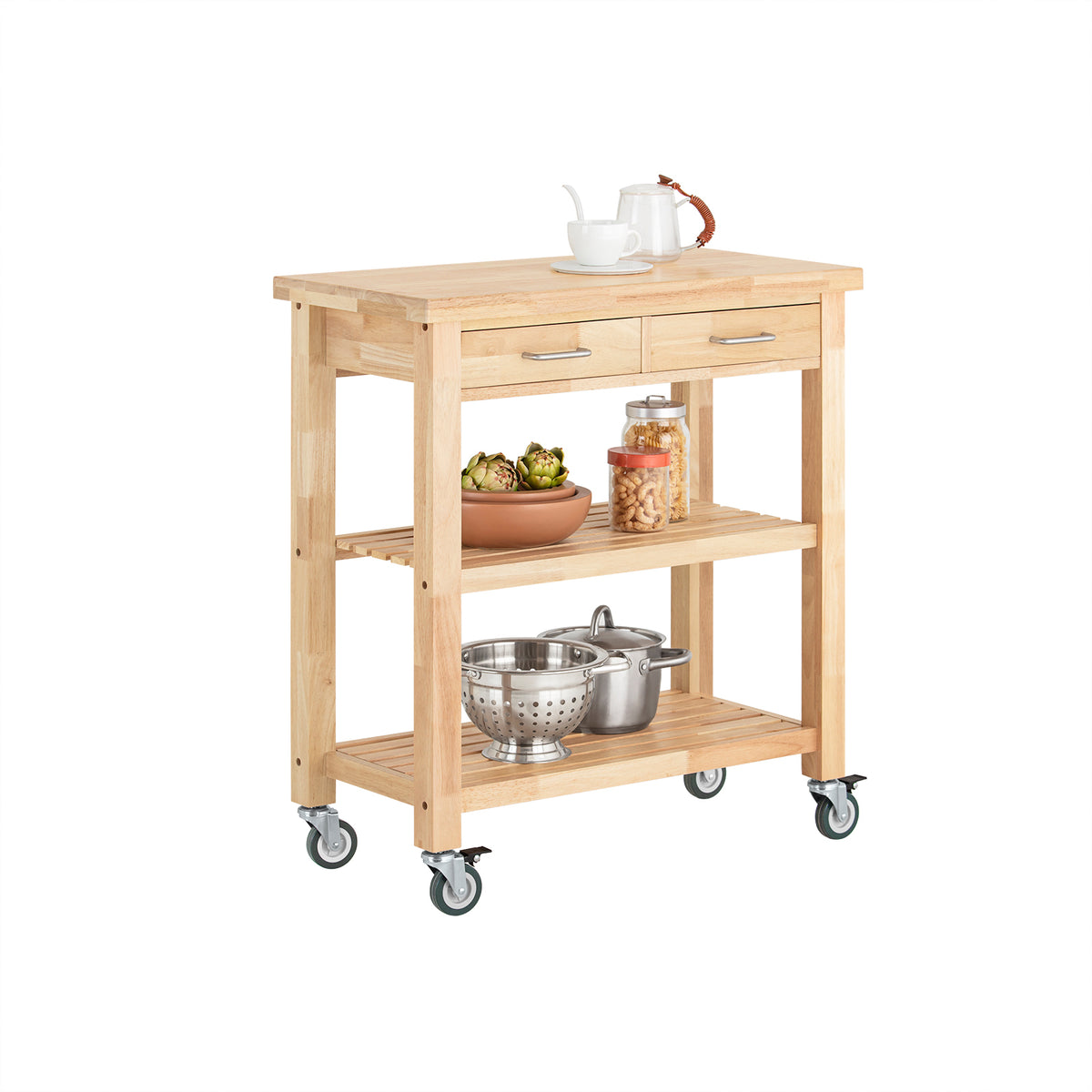 SoBuy FKW24-II-N Desserte de Cuisine sur Roulettes en Bois d'Hévéa – 2 Tiroirs, 2 Étagères, Meuble Cuisine Compact 80×40×90 c