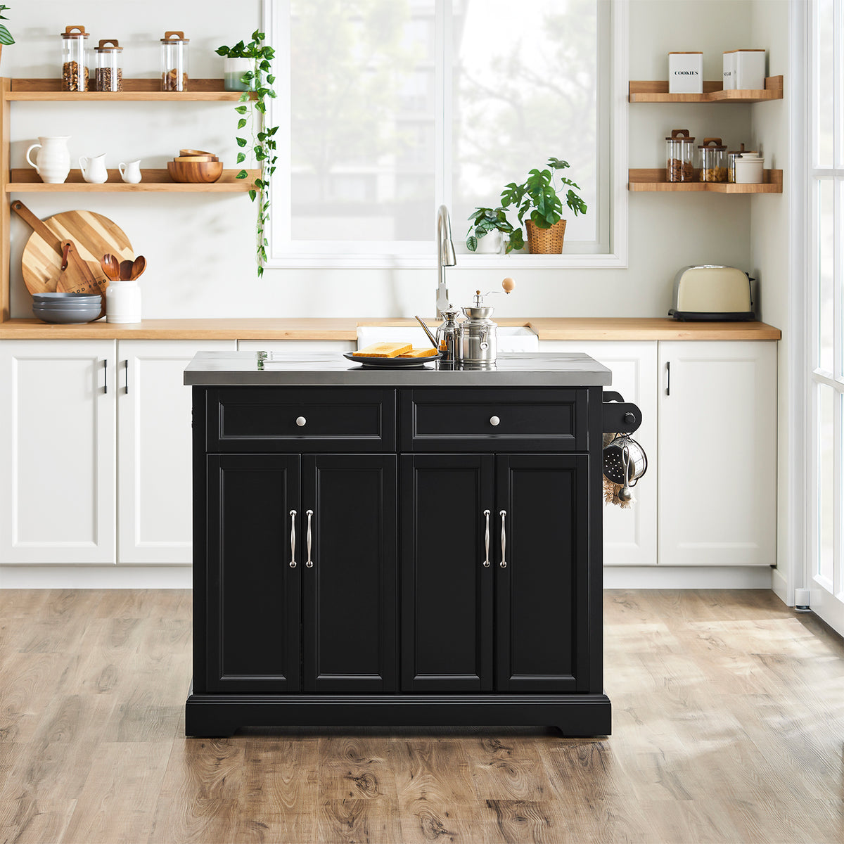 Buffet Avec Plan De Travail Buffet De Cuisine Roulant Avec Plateau Pliable - 3 Portes, 2 Tiroirs