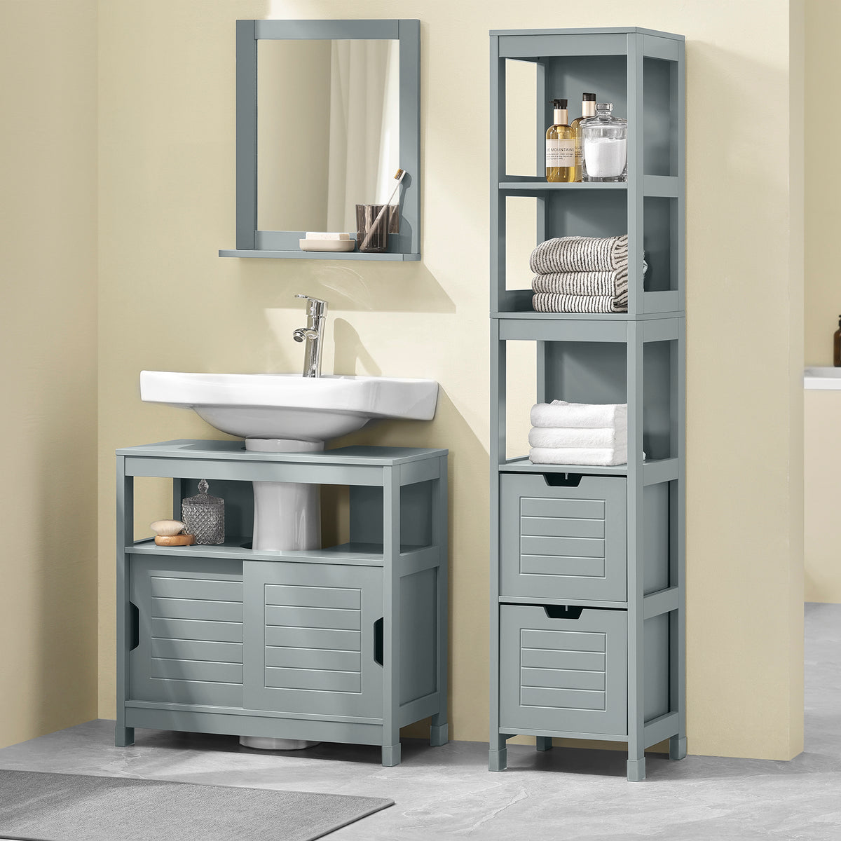 SoBuy FRG126-SG Colonne Salle de Bain avec 4 Étagères et 2 Tiroirs, Gain de Place, pour Salle de Bain et WC, Usage Quotidien – L30×P30×H140 cm, Bois, Gris Clair