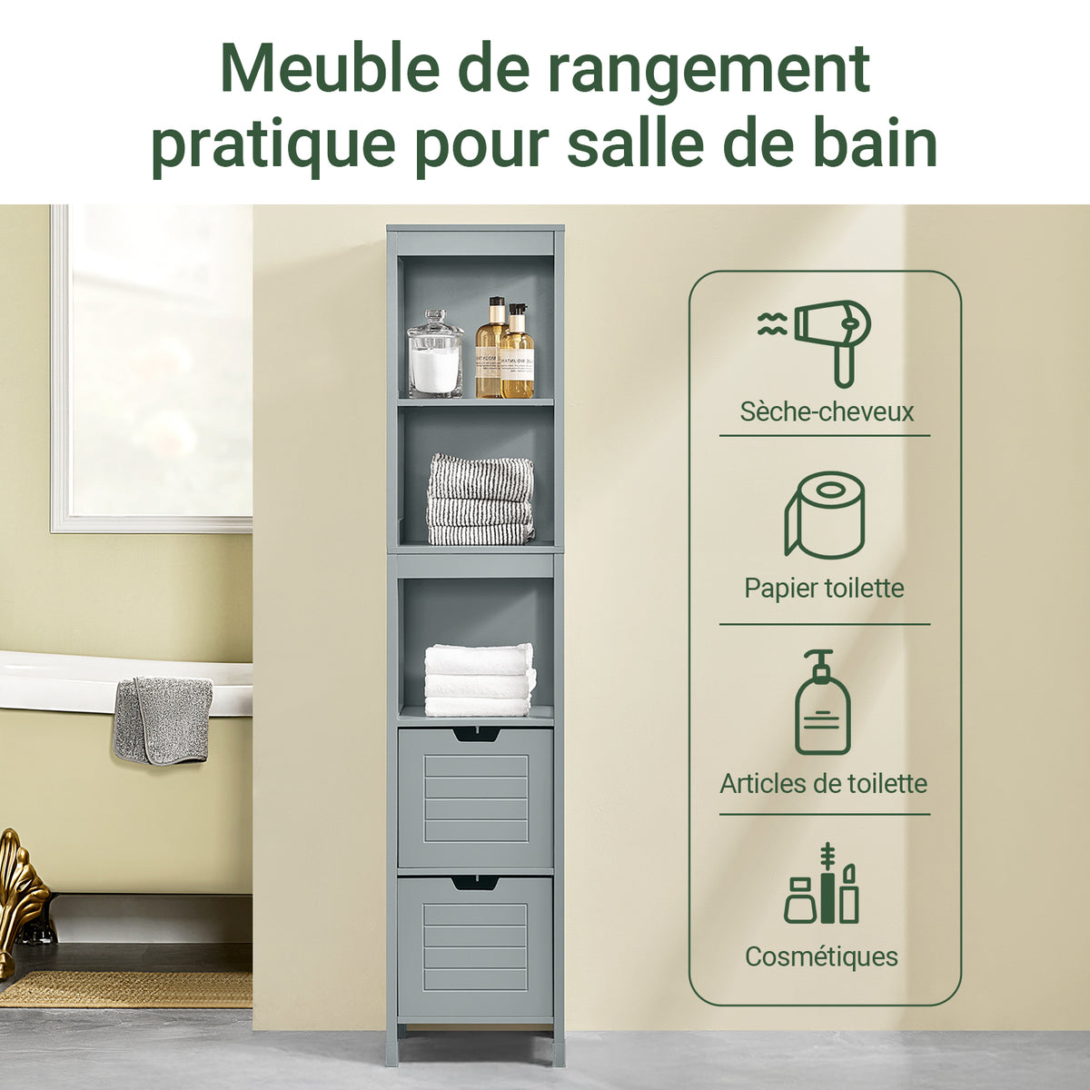SoBuy FRG126-SG Colonne Salle de Bain avec 4 Étagères et 2 Tiroirs, Gain de Place, pour Salle de Bain et WC, Usage Quotidien – L30×P30×H140 cm, Bois, Gris Clair