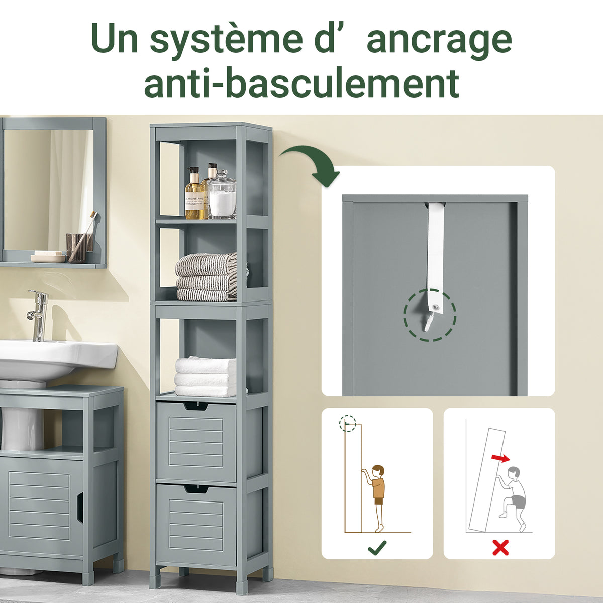 SoBuy FRG126-SG Colonne Salle de Bain avec 4 Étagères et 2 Tiroirs, Gain de Place, pour Salle de Bain et WC, Usage Quotidien – L30×P30×H140 cm, Bois, Gris Clair