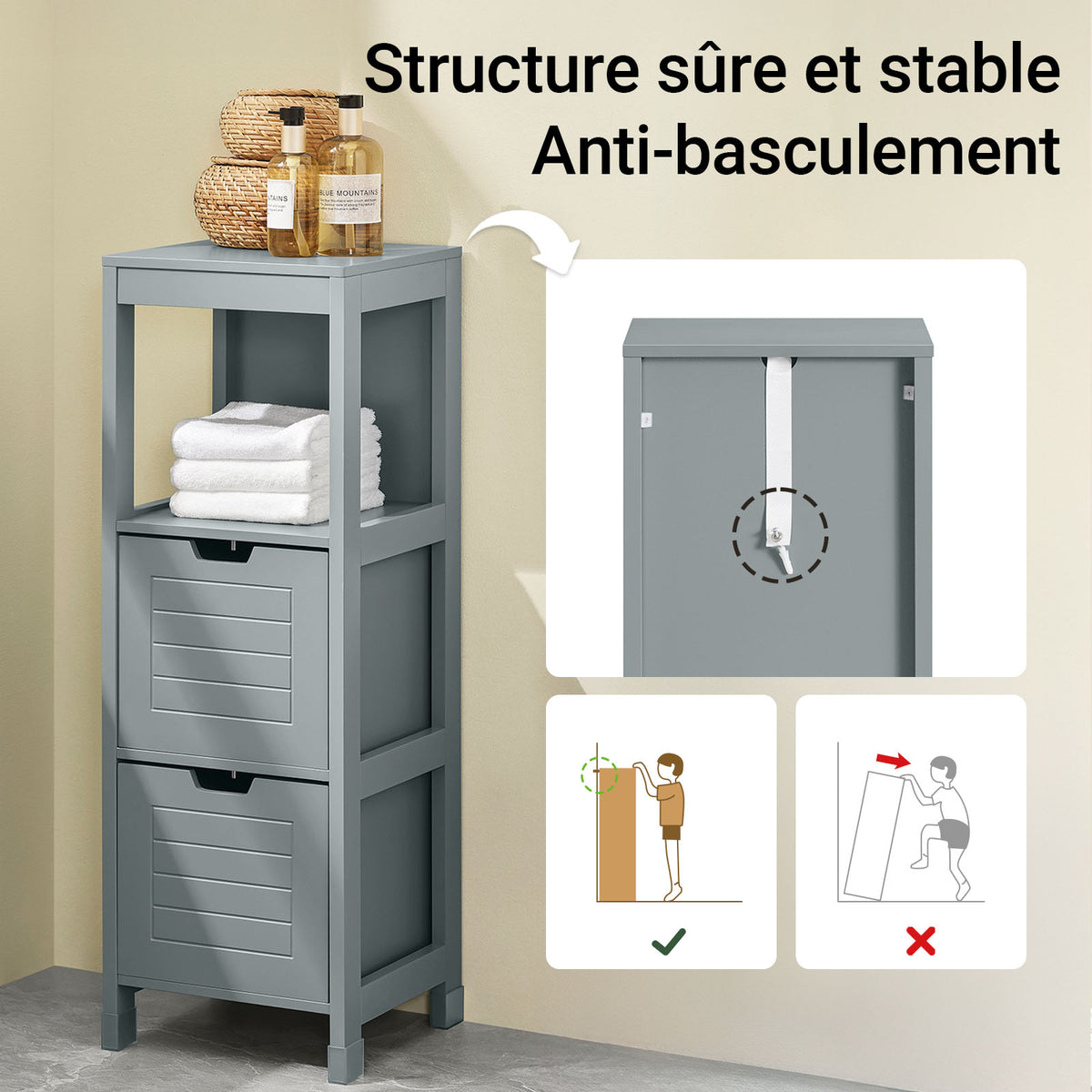 SoBuy FRG127-SG Colonne Salle de Bain avec 2 Paniers, Format Compact, Design Moderne, pour Salle de Bain et WC, Rangement Optimisé – L30×P30×H89 cm, Bois, Gris